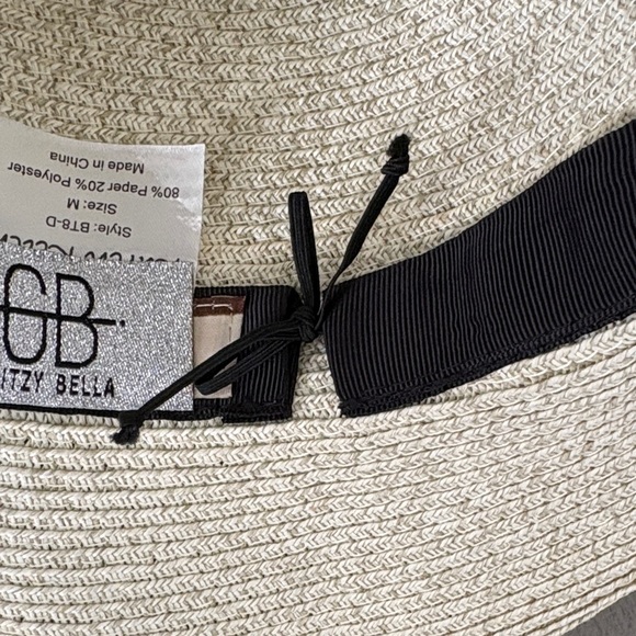 Glitzy Bella Brand Stylish Straw Hat with Grey Black Striped Ribbon - Picture 7 of 8